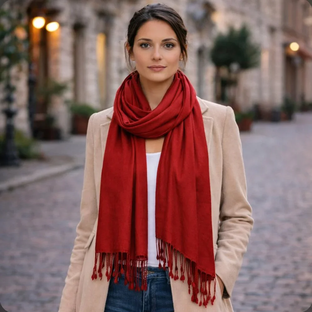 ❤️ Vintage Red Pashmina & Silk Scarf | Made in Nepal | Artsy Bohemian Timeless